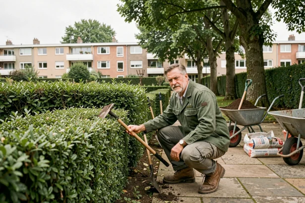 Paysagiste professionnel travaillant dans un jardin de Seine-Saint-Denis, entouré d'outils de jardinage et de végétation taillée