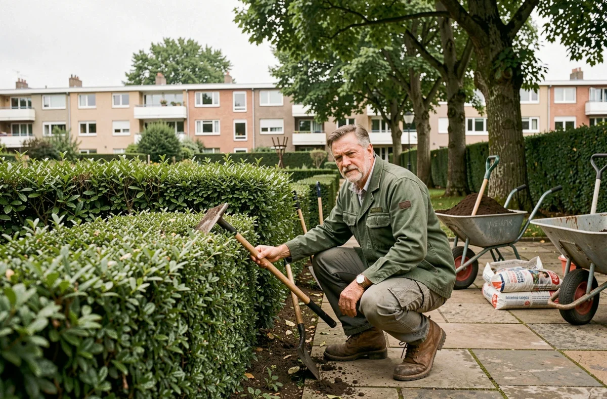 Paysagiste professionnel travaillant dans un jardin de Seine-Saint-Denis, entouré d'outils de jardinage et de végétation taillée