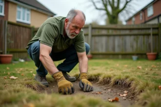 Homme examinant une pelouse anglaise abîmée avec des zones jaunes et des plaques de terre nue dans un jardin résidentiel