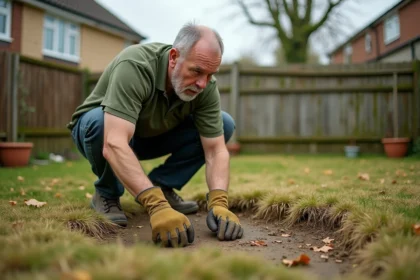 Homme examinant une pelouse anglaise abîmée avec des zones jaunes et des plaques de terre nue dans un jardin résidentiel