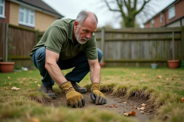 Homme examinant une pelouse anglaise abîmée avec des zones jaunes et des plaques de terre nue dans un jardin résidentiel