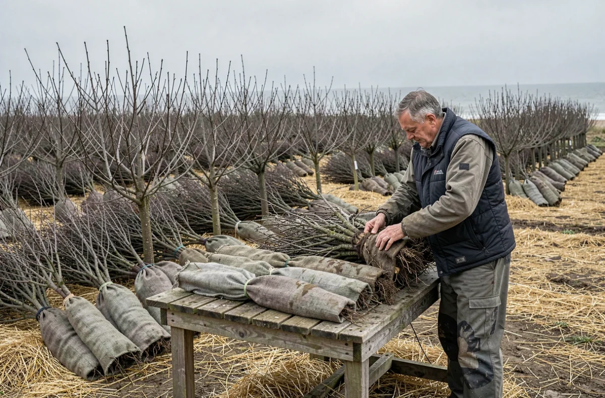 Ouvrier triant des feuillus en racines nues sur une table de calibrage à la Pépinière de la Cluse à Wimille, rangées d'arbres dormants en arrière-plan