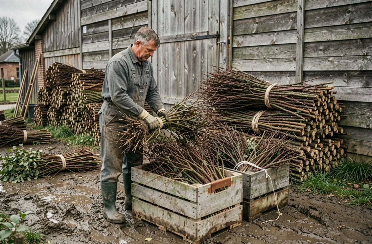 Employé manipulant des plants de haie et feuillus à racines nues dans les caisses en bois des Pépinières de L'Ardrésis