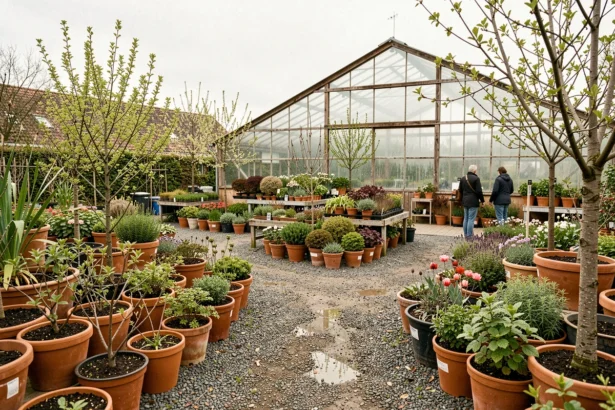 Vue panoramique d'une pépinière du Nord avec des rangées de plantes en pot, arbustes et jeunes arbres sur des allées en gravier, serre en arrière-plan