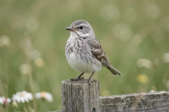 Petit oiseau gris et blanc perché sur un piquet de clôture en bois dans une prairie, montrant des détails de plumage difficiles à identifier