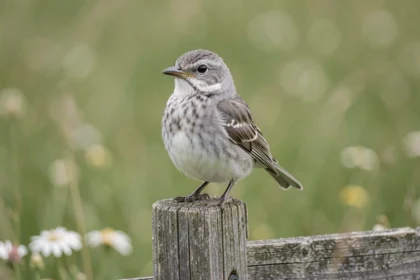Petit oiseau gris et blanc perché sur un piquet de clôture en bois dans une prairie, montrant des détails de plumage difficiles à identifier