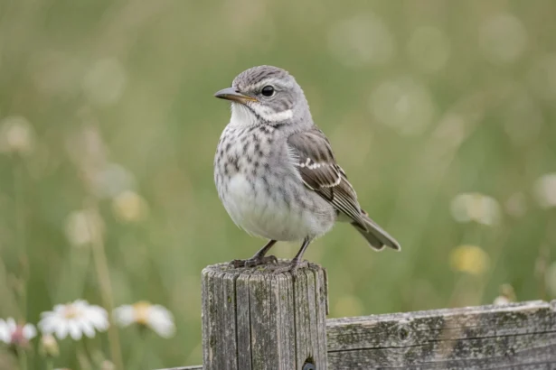 Petit oiseau gris et blanc perché sur un piquet de clôture en bois dans une prairie, montrant des détails de plumage difficiles à identifier