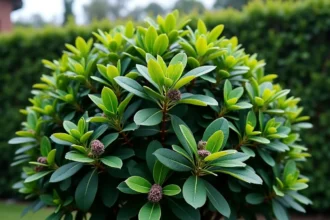 Arbuste Pittosporum Kohuhu aux feuilles vert foncé et petites fleurs pourpres dans un jardin entretenu