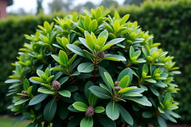 Arbuste Pittosporum Kohuhu aux feuilles vert foncé et petites fleurs pourpres dans un jardin entretenu