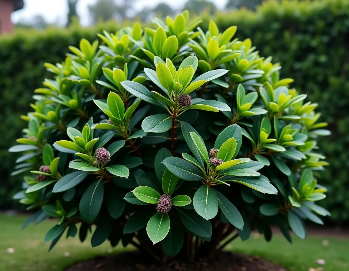 Arbuste Pittosporum Kohuhu aux feuilles vert foncé et petites fleurs pourpres dans un jardin entretenu