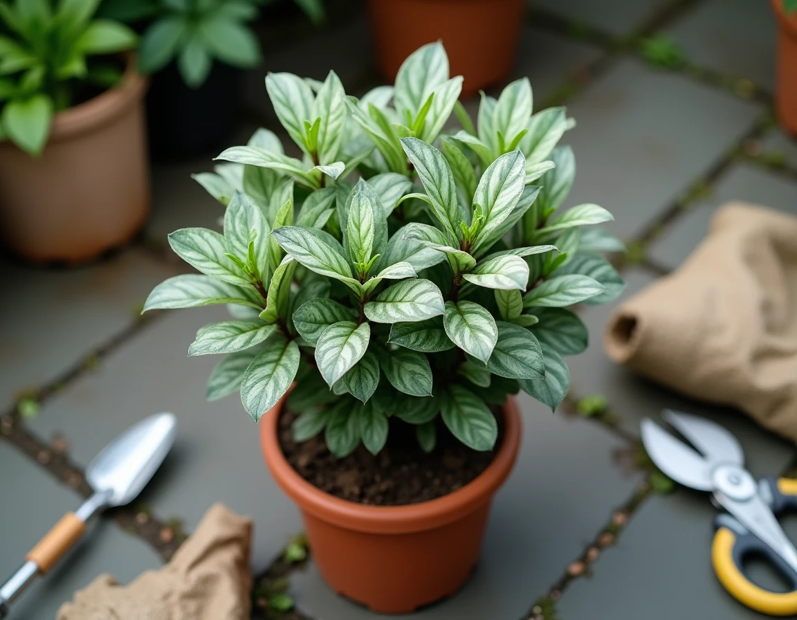 Pittosporum Kohuhu en pot avec outils de jardinage sur une terrasse en pierre pour un entretien facile