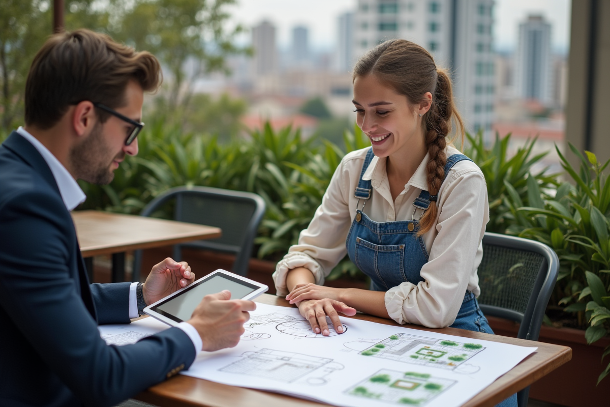 Jeune femme paysagiste discutant de plans avec un client au café urbain