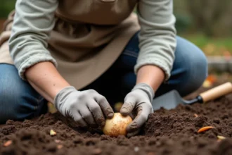 Femme plantant des bulbes de tulipes dans un parterre de jardin en automne, bulbes bien visibles dans la terre
