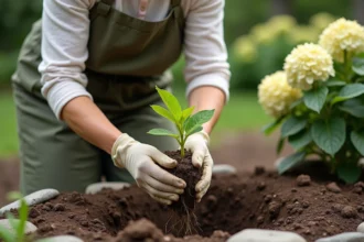 Femme jardinière plantant un jeune figuier en pleine terre dans un jardin ensoleillé au printemps
