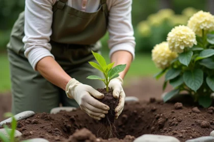 Femme jardinière plantant un jeune figuier en pleine terre dans un jardin ensoleillé au printemps