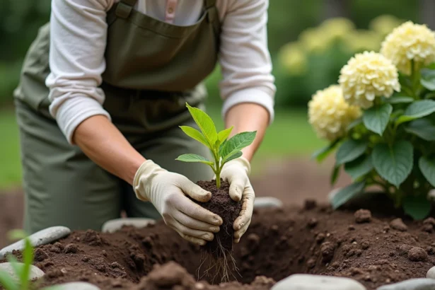 Femme jardinière plantant un jeune figuier en pleine terre dans un jardin ensoleillé au printemps