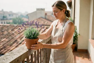 Femme plaçant un pot de lavande anti-mouches sur le rebord d'un balcon en bois