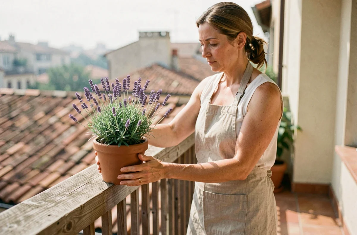 Femme plaçant un pot de lavande anti-mouches sur le rebord d'un balcon en bois
