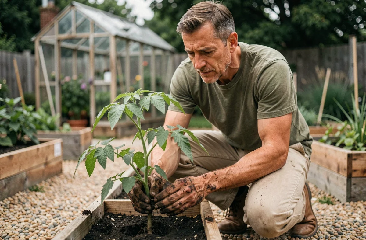 Homme jardiner transplantant une plante répulsive contre les mouches dans un jardin potager