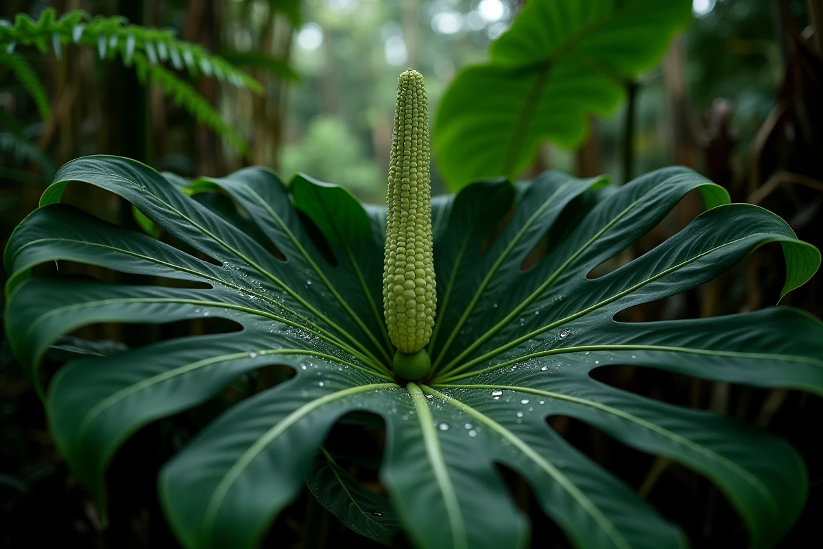 Plant de ceriman en pleine croissance dans un jardin tropical avec ses grandes feuilles perforées et un fruit en cours de maturation