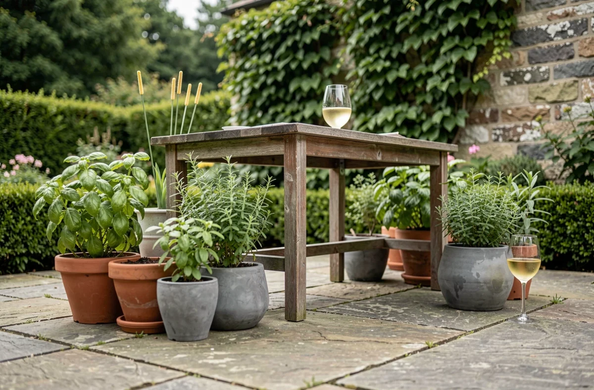 Terrasse en pierre avec des plantes répulsives anti-mouches en pots autour d'une table de jardin