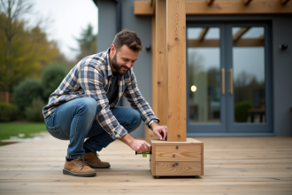Homme posant la base d une pergola sur terrasse en bois