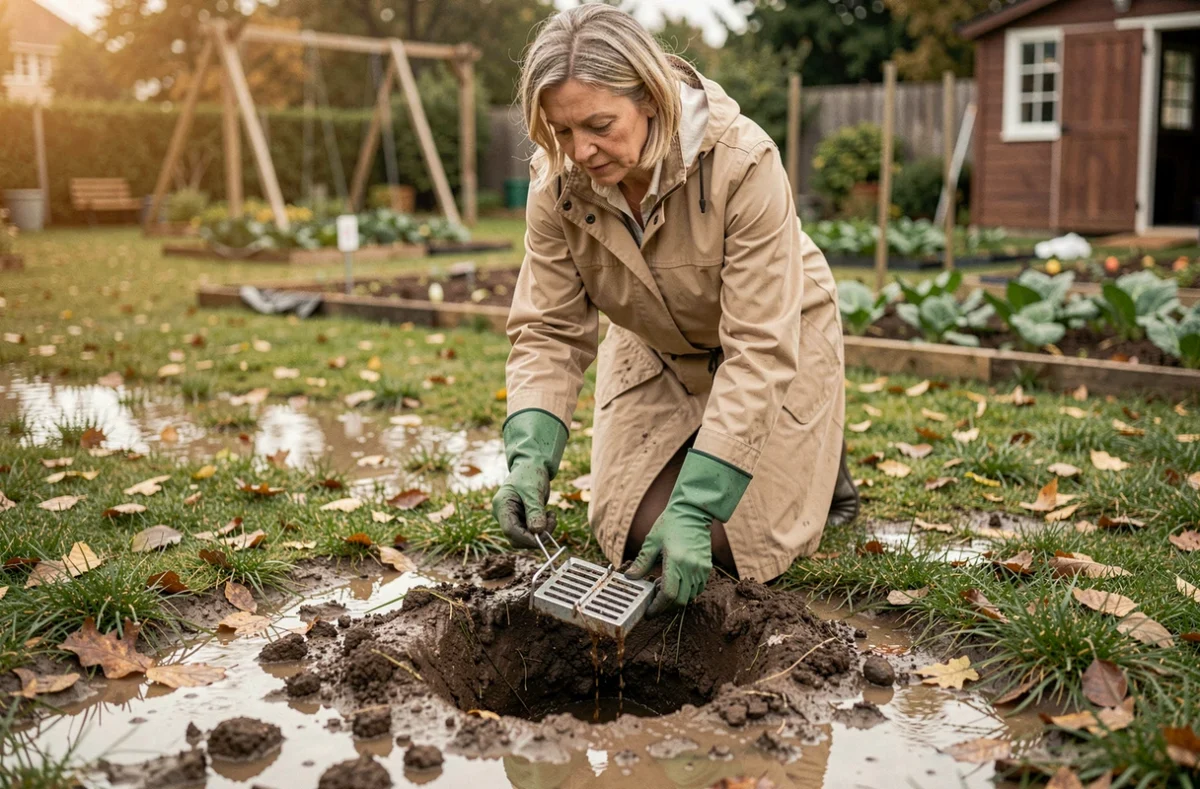 Femme posant un piège à taupe dans un jardin inondé après de fortes pluies