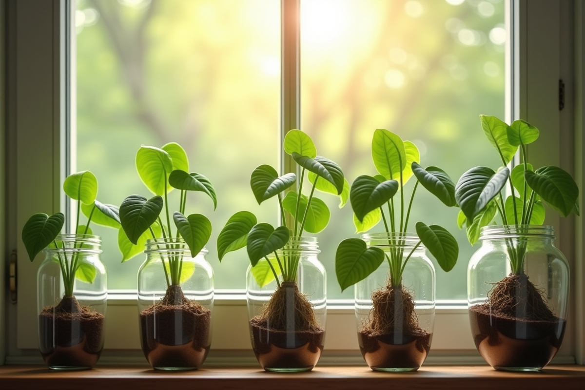 Plusieurs pothos avec racines visibles dans des verres ensoleilles