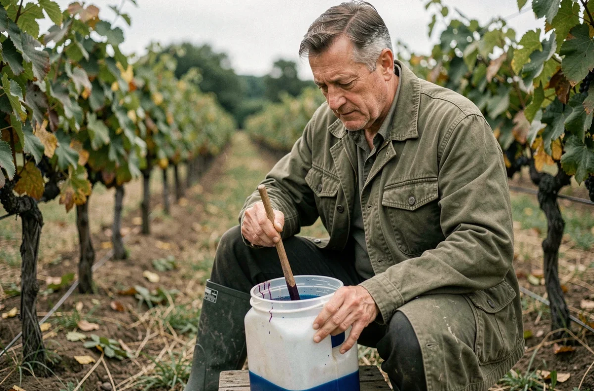 Viticulteur préparant un litre de bouillie bordelaise dans une cruche graduée au milieu des vignes