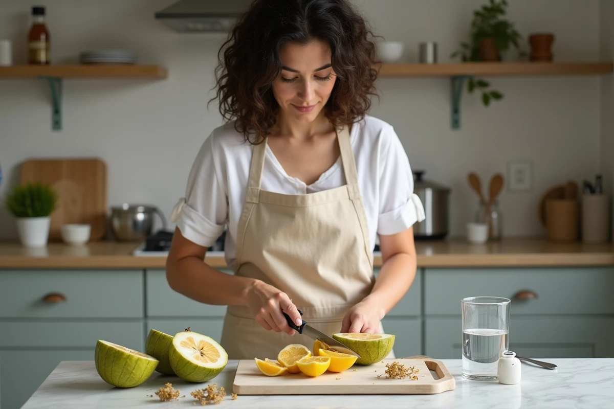 Femme préparant et découpant un fruit de ceriman mûr sur un plan de travail en marbre dans une cuisine moderne