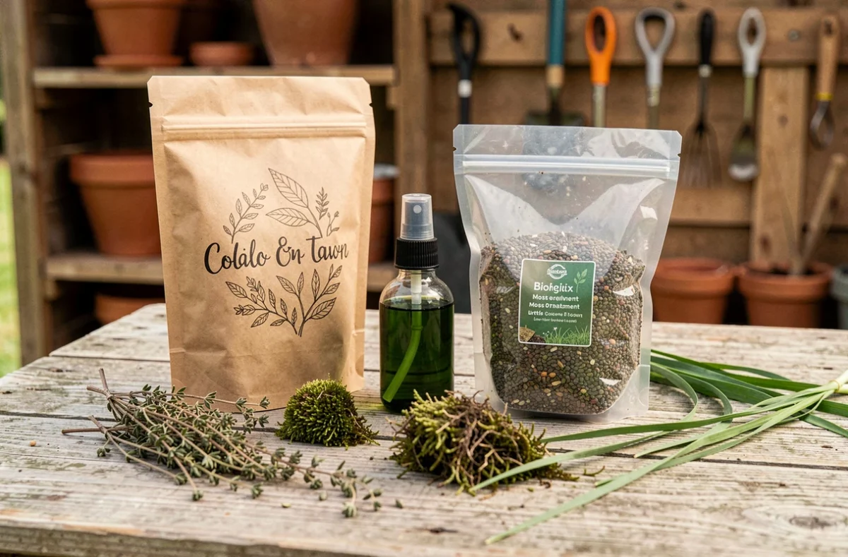 Produits biologiques et naturels pour traiter la mousse sur pelouse disposés sur un établi de jardin en bois brut