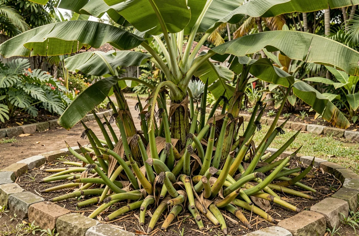 Un bananier envahi par une prolifération dense de rejets non triés autour du pied mère dans un jardin, illustrant l'erreur de ne pas supprimer les rejets en excès.