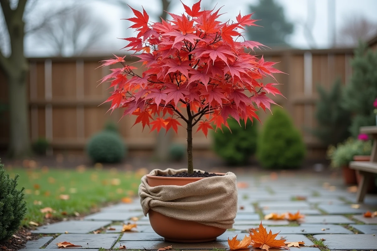 Jeune érable du Japon en pot protégé du gel avec un voile d'hivernage sur une terrasse en automne