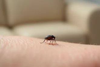 Gros plan macro d'une petite puce noire sautant sur la peau humaine, détail réaliste pour illustrer une infestation domestique