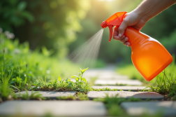 Main appliquant un remède naturel contre les mauvaises herbes dans le jardin