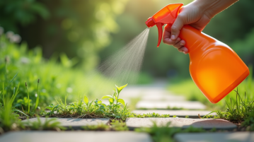 Main appliquant un remède naturel contre les mauvaises herbes dans le jardin