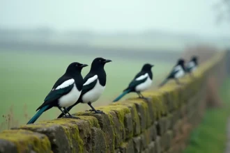 Quatre pies perchées sur un vieux mur de pierre recouvert de mousse dans la campagne, symbolisant la signification spirituelle du chiffre quatre