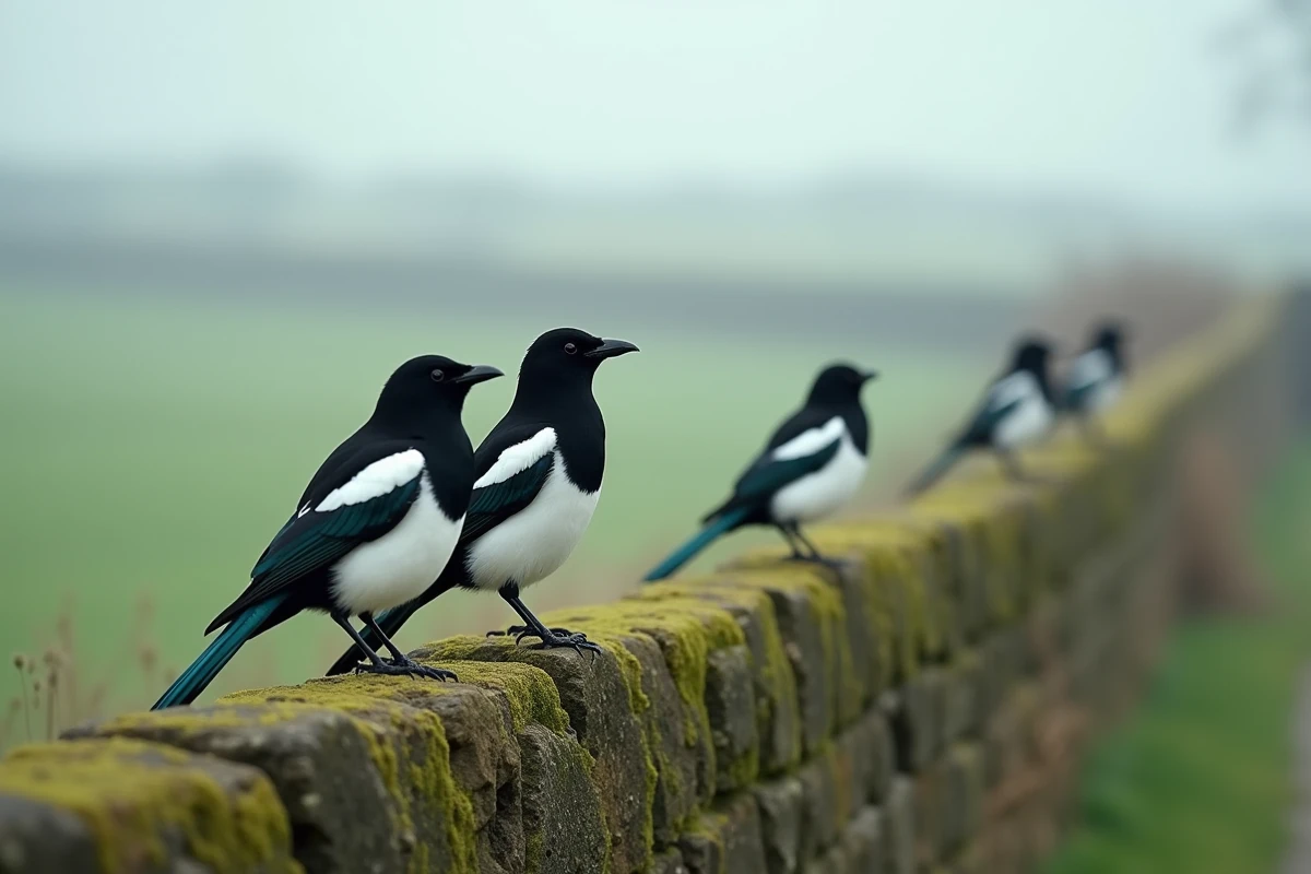 Quatre pies perchées sur un vieux mur de pierre recouvert de mousse dans la campagne, symbolisant la signification spirituelle du chiffre quatre