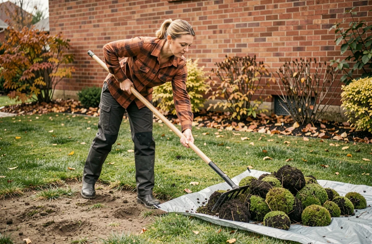 Femme utilisant un râteau en fer pour décoller et retirer la mousse épaisse d'une pelouse résidentielle