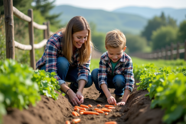 Femme et garçon récoltant des carottes dans un potager