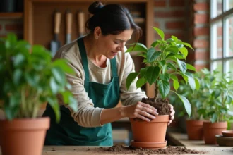 Femme rempotant un ficus malade en retirant la motte de terre de son pot en terre cuite