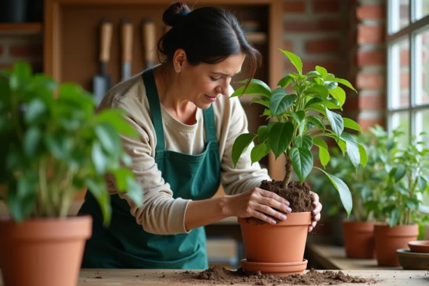 Femme rempotant un ficus malade en retirant la motte de terre de son pot en terre cuite