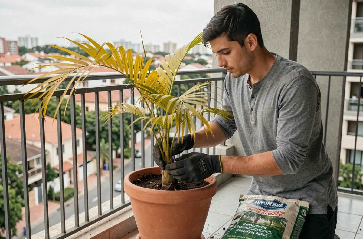 Jeune homme rempotant un petit palmier jaune dans un grand pot sur un balcon urbain