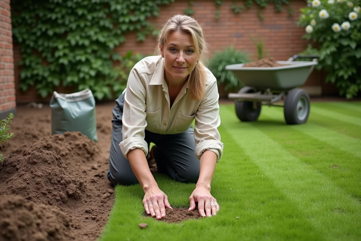Femme posant des plaques de gazon pour rénover une pelouse anglaise sans tout refaire dans son jardin