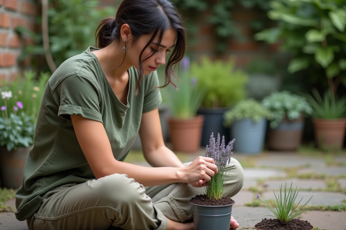 Jeune femme repiquer une bouture de lavande dans un pot recyclé sur une terrasse en pierre