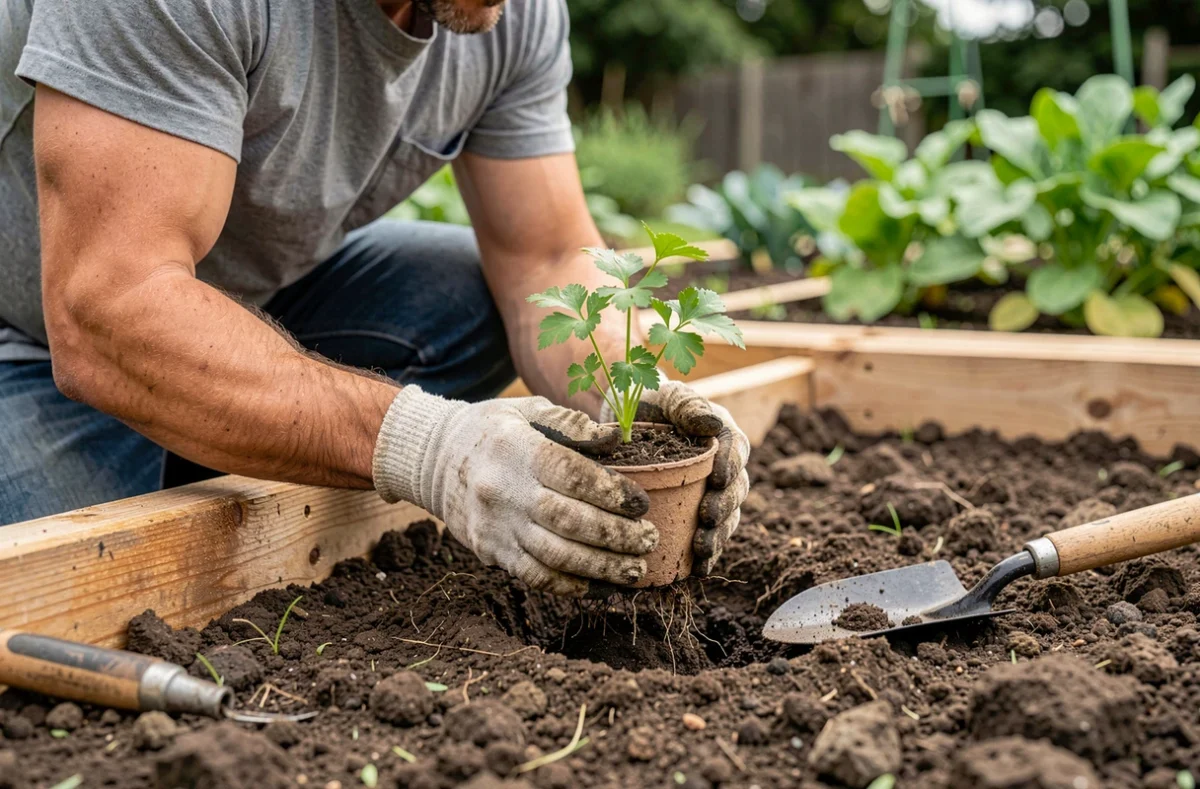 Repiquage d'un plant de persil en pleine terre dans un potager extérieur surélevé