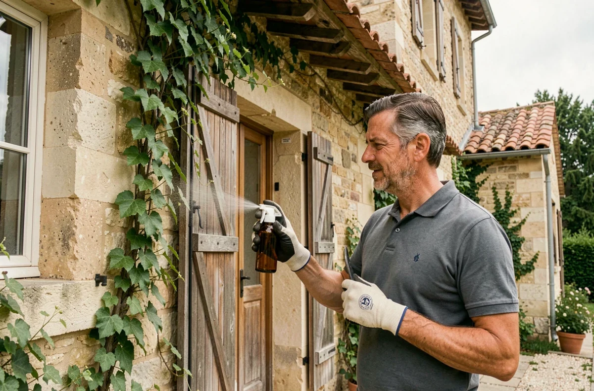 Homme appliquant un répulsif naturel contre les guêpes sur les volets d'une maison de campagne française