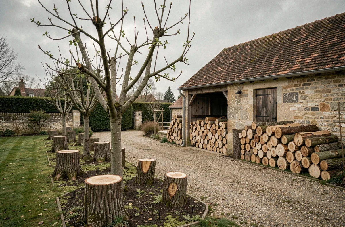 Jardin français après travaux d'élagage avec pommiers taillés, souches fraîches et bûches empilées près d'un cabanon en pierre