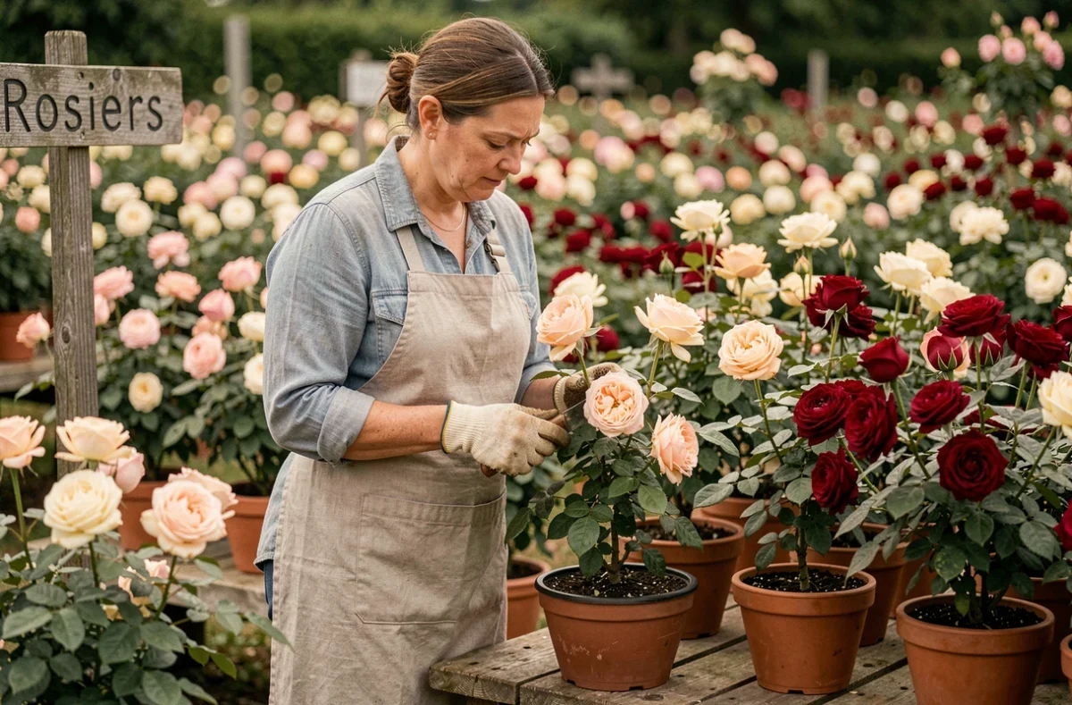Femme examinant un rosier en fleur dans la pépinière spécialisée La Roseraie de Verlinghem, entourée de nombreux rosiers en pot aux pétales variés