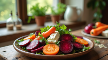 Salade colorée de betteraves et carottes fraîches avec fromage de chèvre